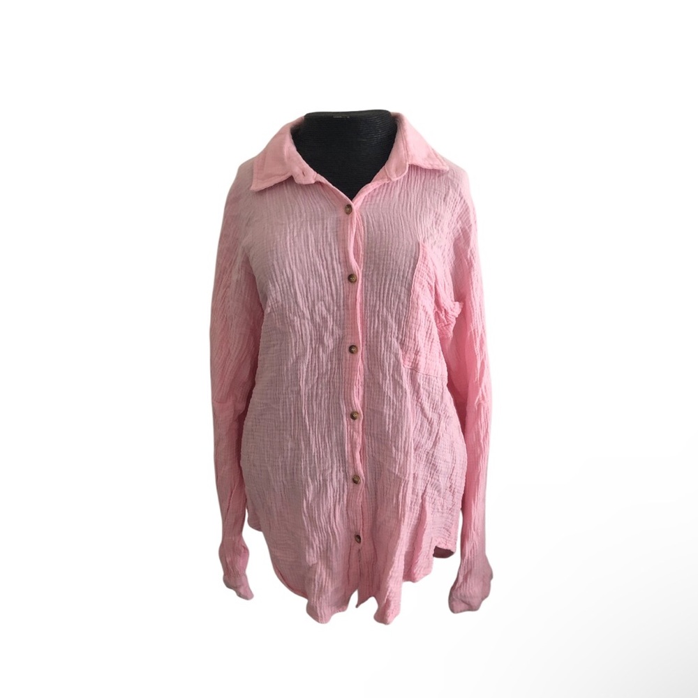 Light Pink Crinkled Gauze Button-Up Shirt